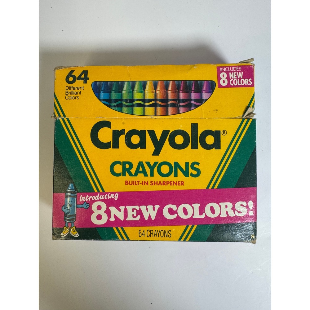 Vintage 1990 Crayola 64 Crayons Box with Sharpener 8 New Colors Collectible Art
